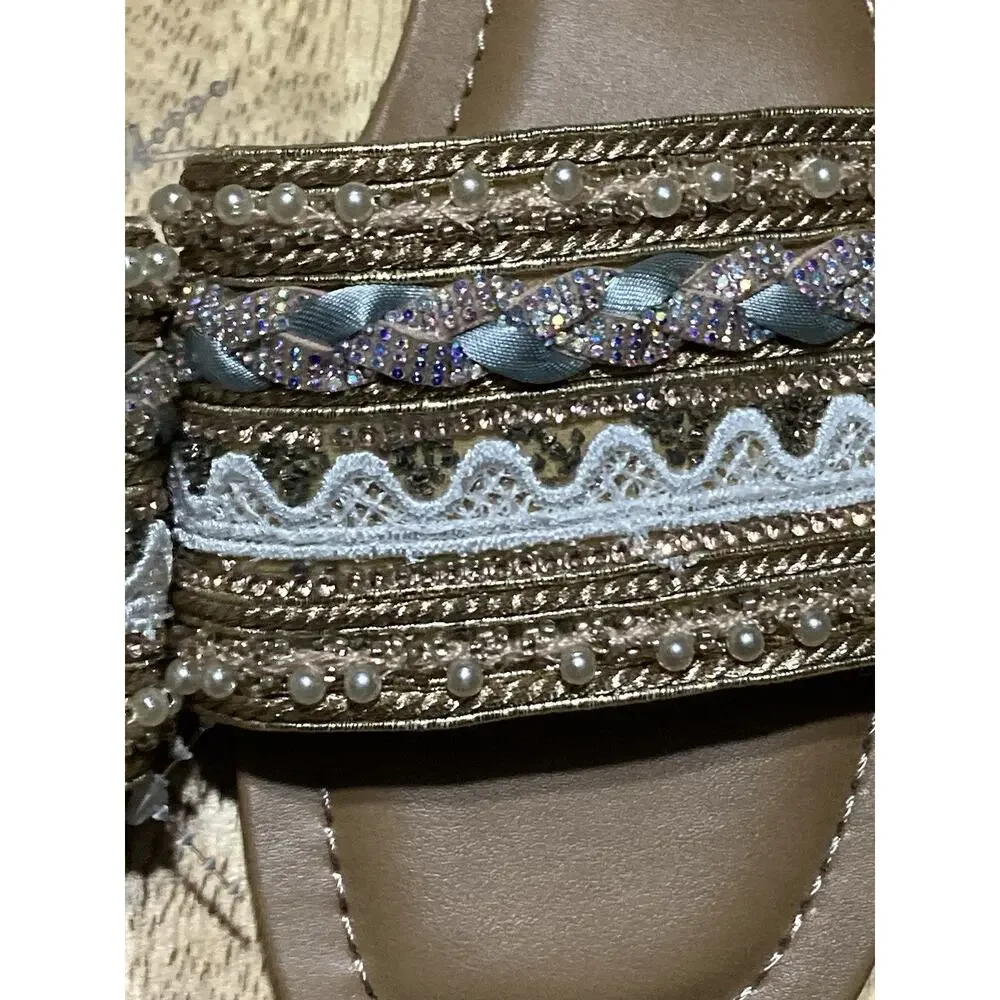 Madden Girl Women's Slip On Sandals Size 7‎ Tropical Gold Ribbon Jewels Travel
